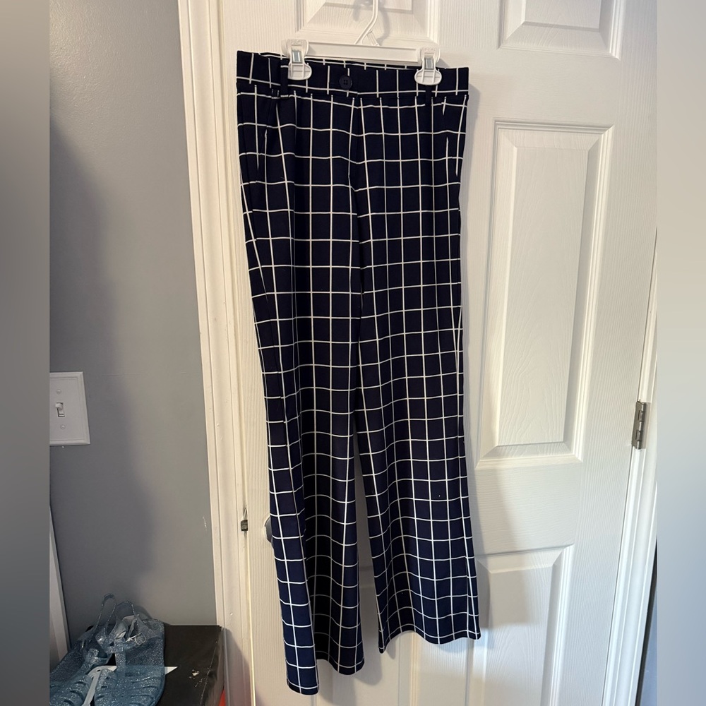 Betabrand Classic Dress Pant Yoga Pant | Bootcut (small petite navy/white plaid
